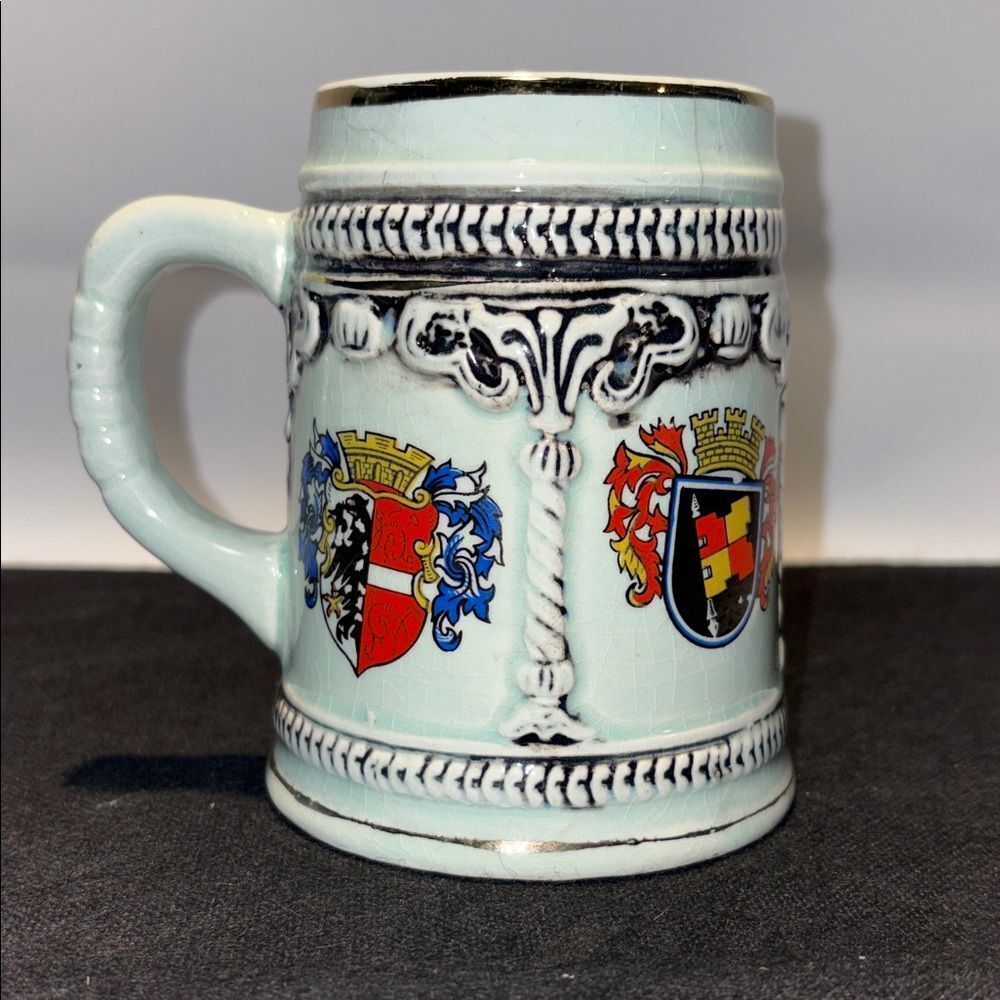 Decorative Ceramic Crest Beer Stein Mug in Pale Aqua